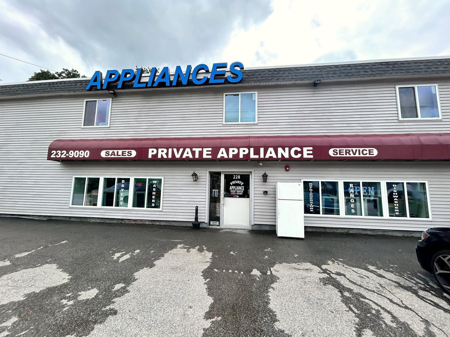 The Private Appliance storefront on Putnam Pike, awning reading Sales and Service